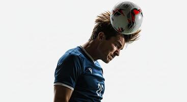 Soccer player heading the ball in a dynamic action pose against a white background photo