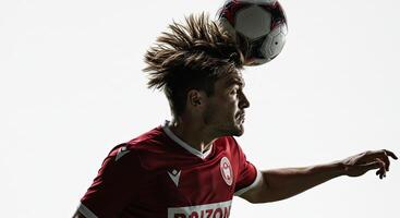 Soccer player heading a ball with determination against a bright white background. photo