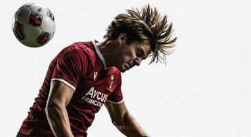 Soccer player heading the ball with intense focus against a bright background. photo