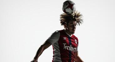 Soccer player heading the ball in action against a bright white background photo
