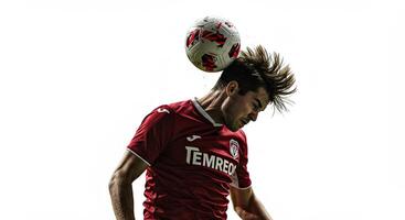 Soccer player heading the ball with power and focus against a white background. photo