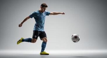 Soccer player in action kicking the ball against a clean studio backdrop. photo