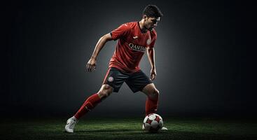 Soccer player in action dribbling the ball on the field with intensity photo