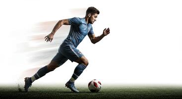 Soccer player in action running fast with the ball on a green field. photo
