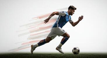Soccer player in action running with the ball on a green field, speed concept photo