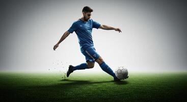 Soccer player in blue uniform kicking the ball on a green grass field photo