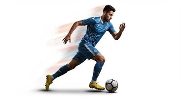 Soccer player in blue uniform running with the ball against white background. photo