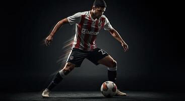Soccer player in dynamic action dribbling the ball with intense focus photo