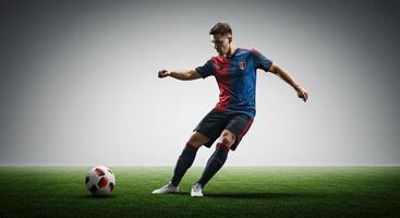 Soccer player in uniform kicking the ball on a green field against a neutral background photo
