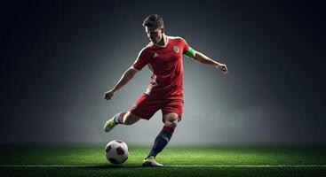 Soccer player kicking the ball on a green field in a dramatic studio setting photo