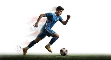 Soccer player running with the ball on a green field, action shot. photo