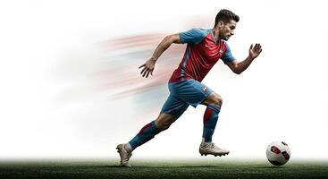 Soccer player running with the ball on a green field, action shot with motion blur. photo