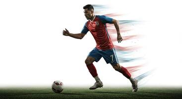 Soccer player running with the ball on a green field with motion blur effect photo