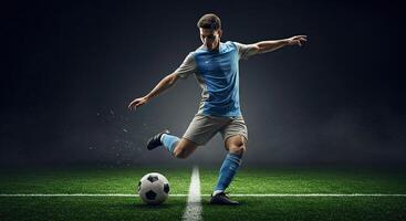 Soccer player kicking the ball on a green field with dramatic lighting and style. photo