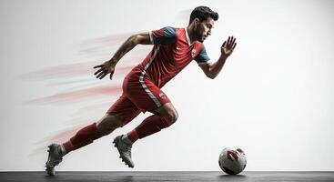 Soccer player sprinting with motion blur towards the ball, action shot in studio photo