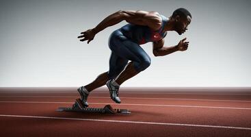 Strong African American athlete sprinting from starting block on track photo