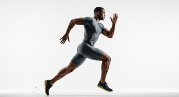 Strong athletic man running fast in sportswear on white background photo