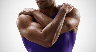 Strong muscular man embracing himself with sweaty arms in purple singlet photo