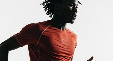 Sweaty African American athlete with dreadlocks running against white backdrop photo