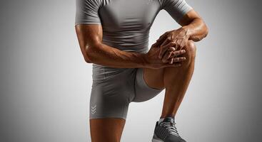 Sweaty athlete rests after exercise with compression gear and gray sneakers photo