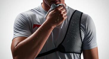 Sweaty athlete wiping face with towel after intense workout indoors photo