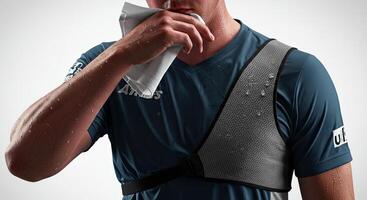 Sweaty athlete wiping face after workout with cooling vest on body photo
