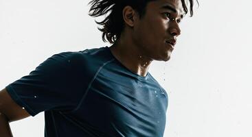 Sweaty athletic man after workout looking determined in activewear photo