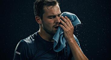 Sweaty athlete wiping face with towel after intense workout session photo