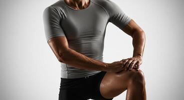 Sweaty athletic man in compression shirt flexing muscles after workout photo