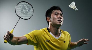 Sweaty badminton player in action about to hit the shuttlecock hard photo