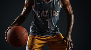 Sweaty basketball player dribbling the ball in a gray jersey and shorts photo