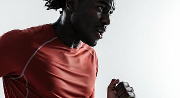 Sweaty determined African American athlete running with intense focus photo