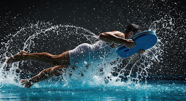 Swimmer training with kickboard in swimming pool creating splash effect photo
