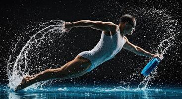 Swimmer training with kickboard in mid-air splash motion at night pool photo