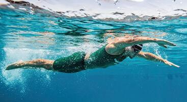Underwater shot of determined female swimmer in action stroke training photo