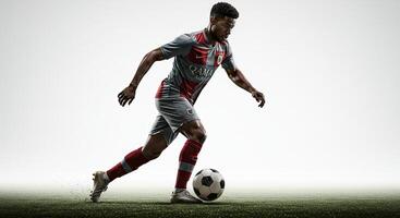 Young adult soccer player dribbling ball on field in action shot pose photo