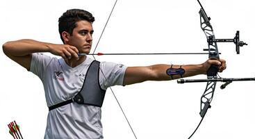 Young archer aiming arrow with precision during archery competition photo