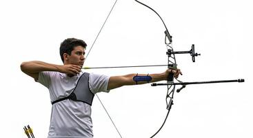 Young archer aiming bow and arrow with precision at outdoor target photo