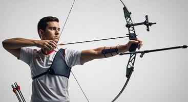 Young archer aiming with bow and arrow against white background studio shot photo