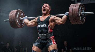 Weightlifter powerfully lifts barbell overhead at a competitive event photo
