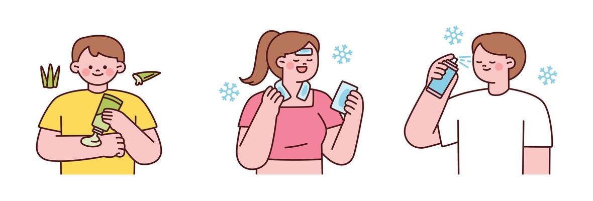 Flat illustration of people using aloe gel, ice packs, and mist spray for summer skincare. Concept of cooling, soothing, and post-sun treatment.