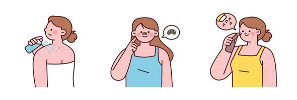 Flat illustration of summer skincare issues such as rash, blackheads, and hair loss. Characters using mist, pore care, and scalp products in hot weather. vector