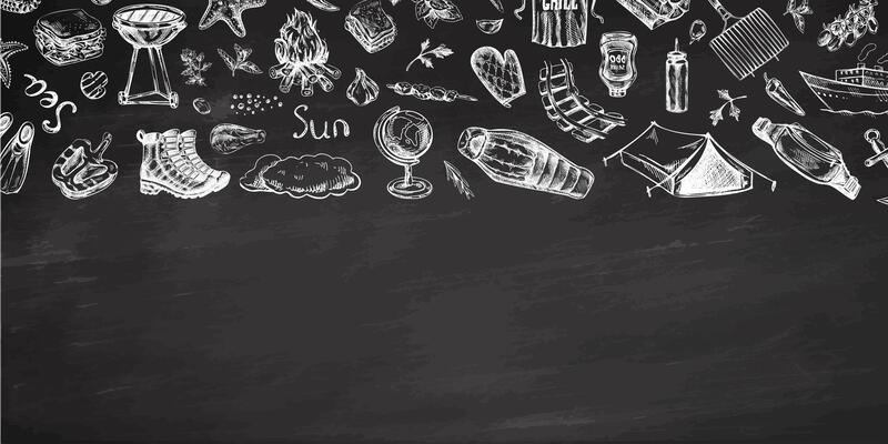 Hand drawn vintage sketch of chalk camping and travel border with grilled food, picnic equipment and outdoor elements on chalkboard background