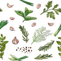 Hand drawn vintage seamless pattern with herbs, garlic, onion and spices in engraved style vector