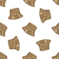 Seamless pattern with vintage sketch of safari bucket hat in khaki color for travel design vector
