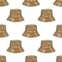Seamless pattern with hand drawn sketch of safari bucket hat in khaki color for travel design vector