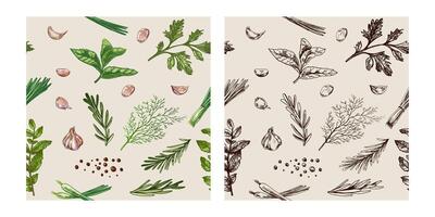 Hand drawn vintage seamless patterns with herbs, garlic and spices in engraved style, color and monochrome versions vector
