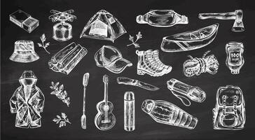 Hand drawn vintage sketch set of picnic, camping, hiking and travel elements in retro engraved style on chalkboard background vector