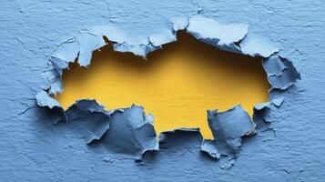 Torn blue wall revealing bright yellow surface underneath, showcasing a textured and layered appearance, creating an interesting visual contrast and depth in the composition photo