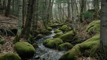 A Tranquil Stream Winding Through a Mossy Forest photo